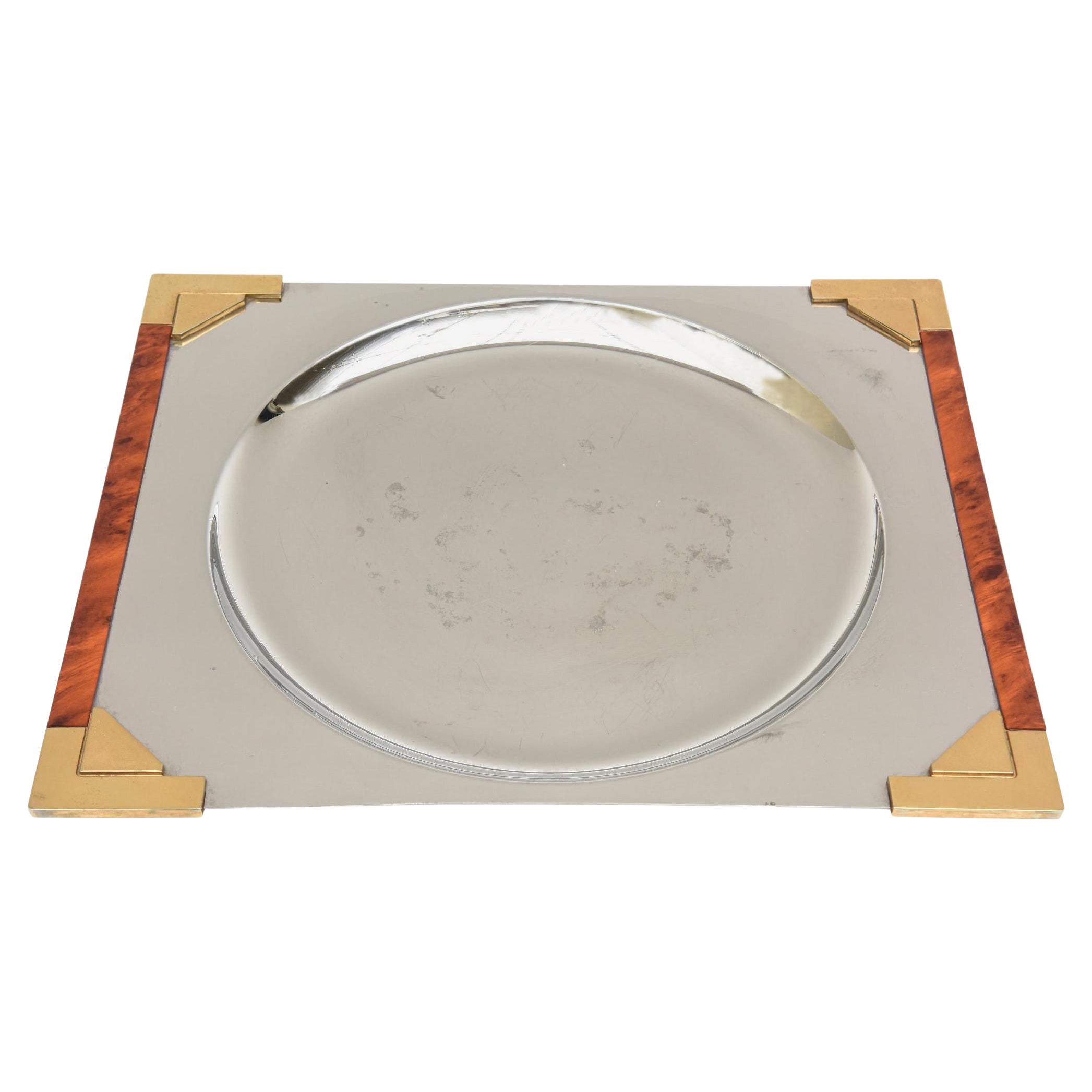 Plateau en bois gravé, doré et inox signé Guy Degrenne ou Barware Français 90's