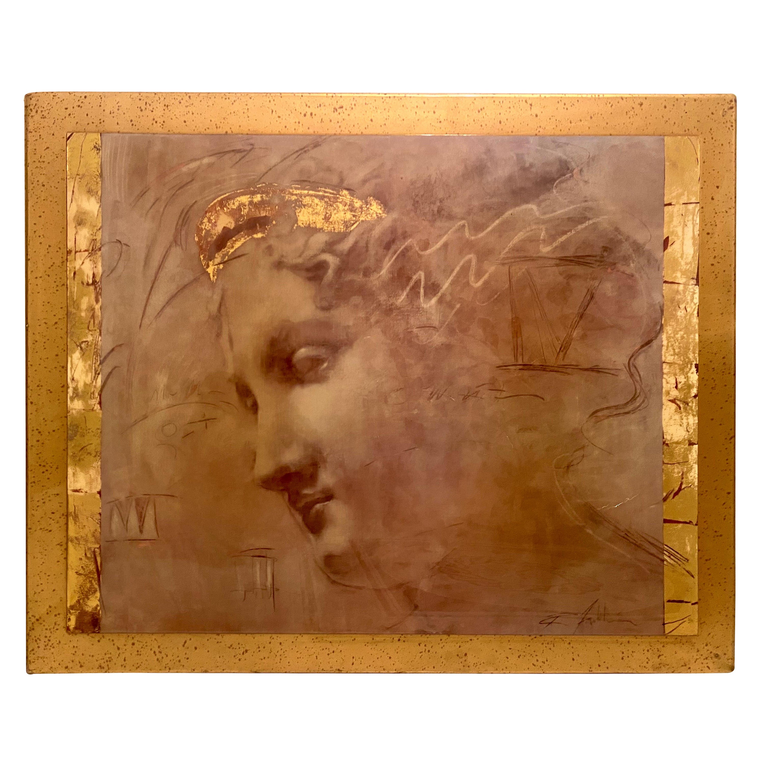 Grande peinture du milieu du siècle dernier avec cadre personnalisé en feuilles d'or