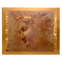 Large Mid-Century Gold Leaf Painting with Gold Leaf Custom Frame