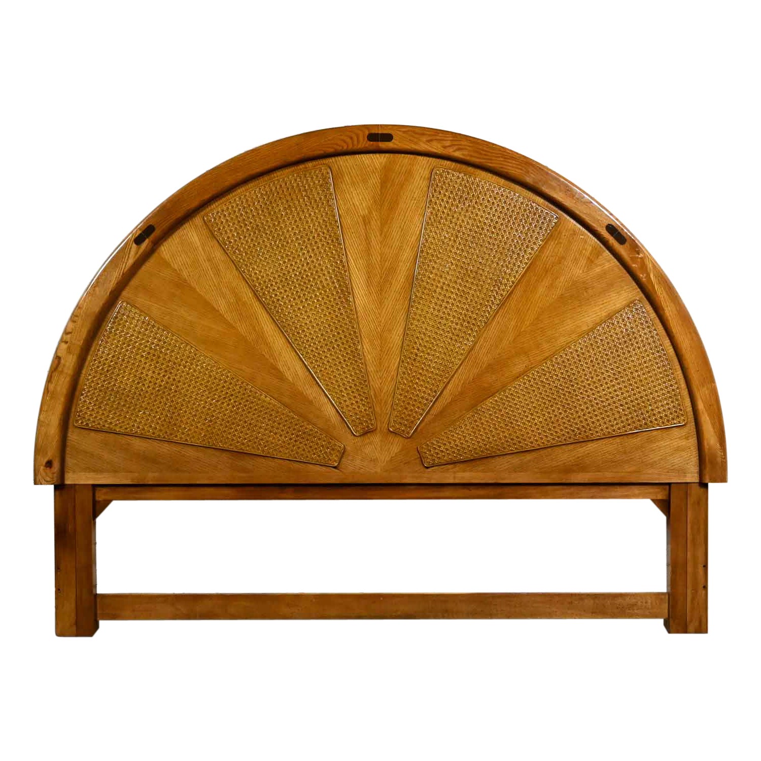 Vintage Modern to Postmodern Arched Rising Sun Pattern Oak & Cane King Headboard For Sale