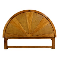 Vintage Modern to Postmodern Arched Rising Sun Pattern Oak & Cane King Headboard