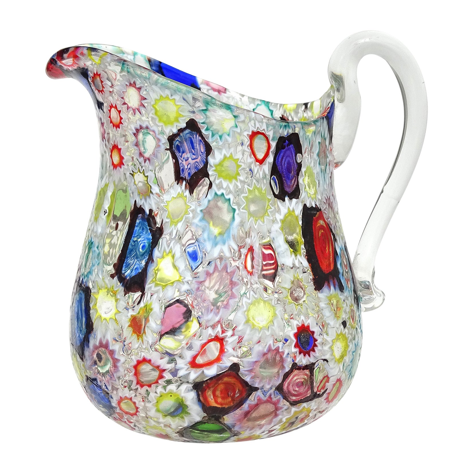 Fratelli Toso Murano Millefiori Flower Star Mosaic Italian Art Glass Pitcher For Sale