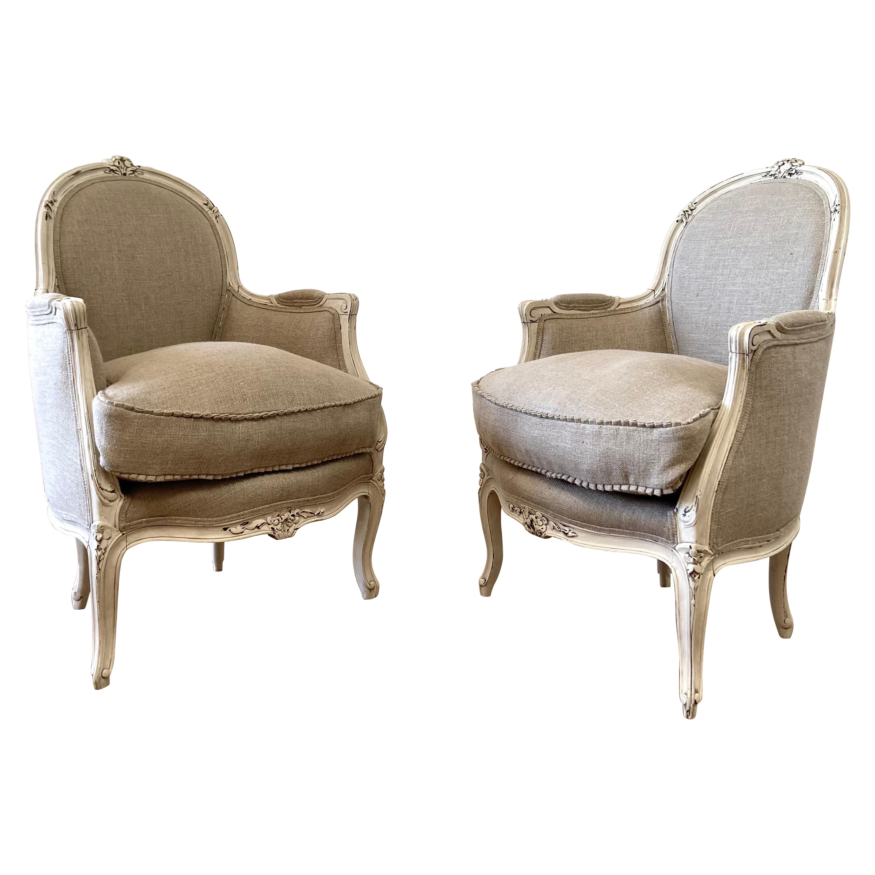 19th Century Pair of Painted and Upholstered Linen Bergere Chairs
