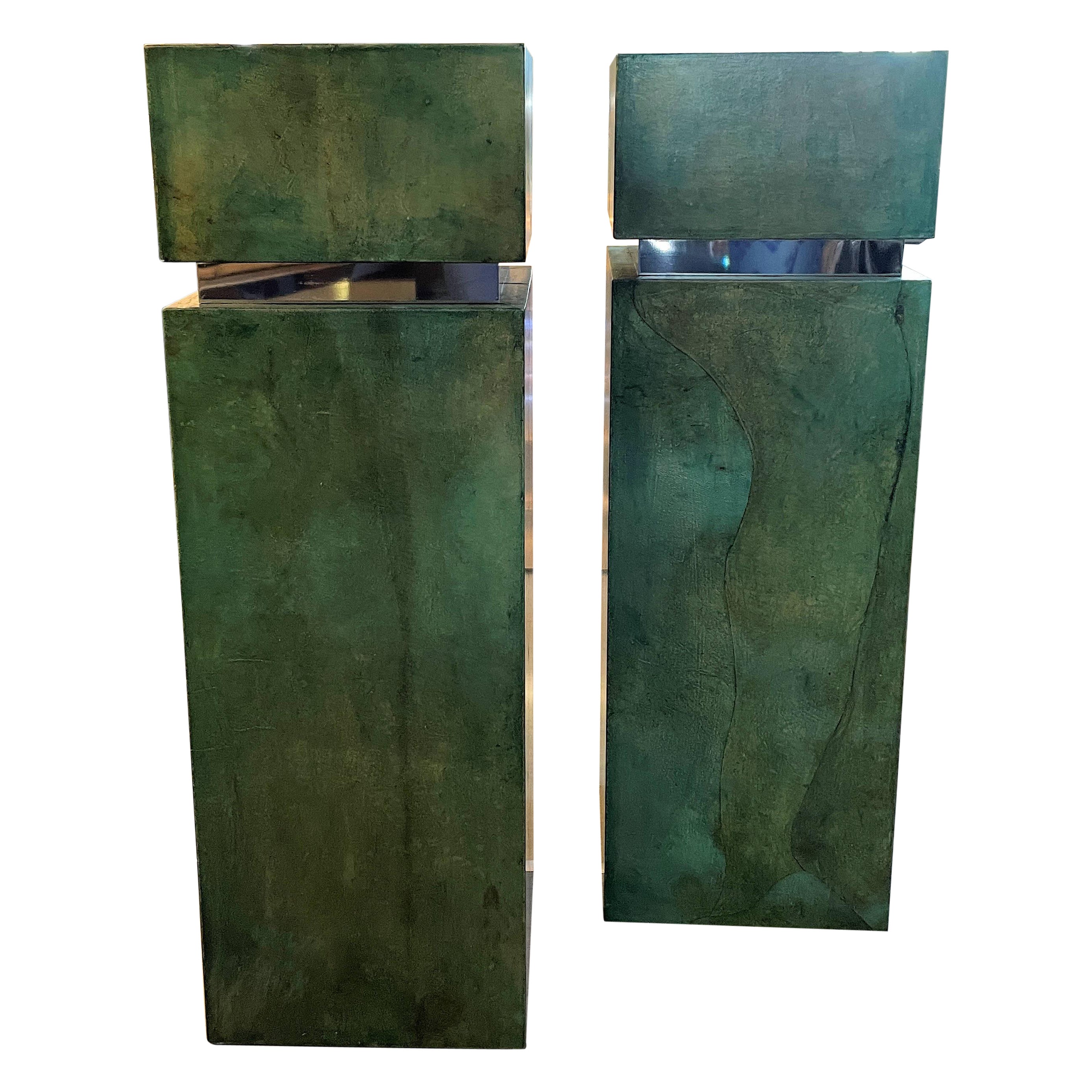 Pair of Mid-Century Modern Green Parchment Pedestals For Sale