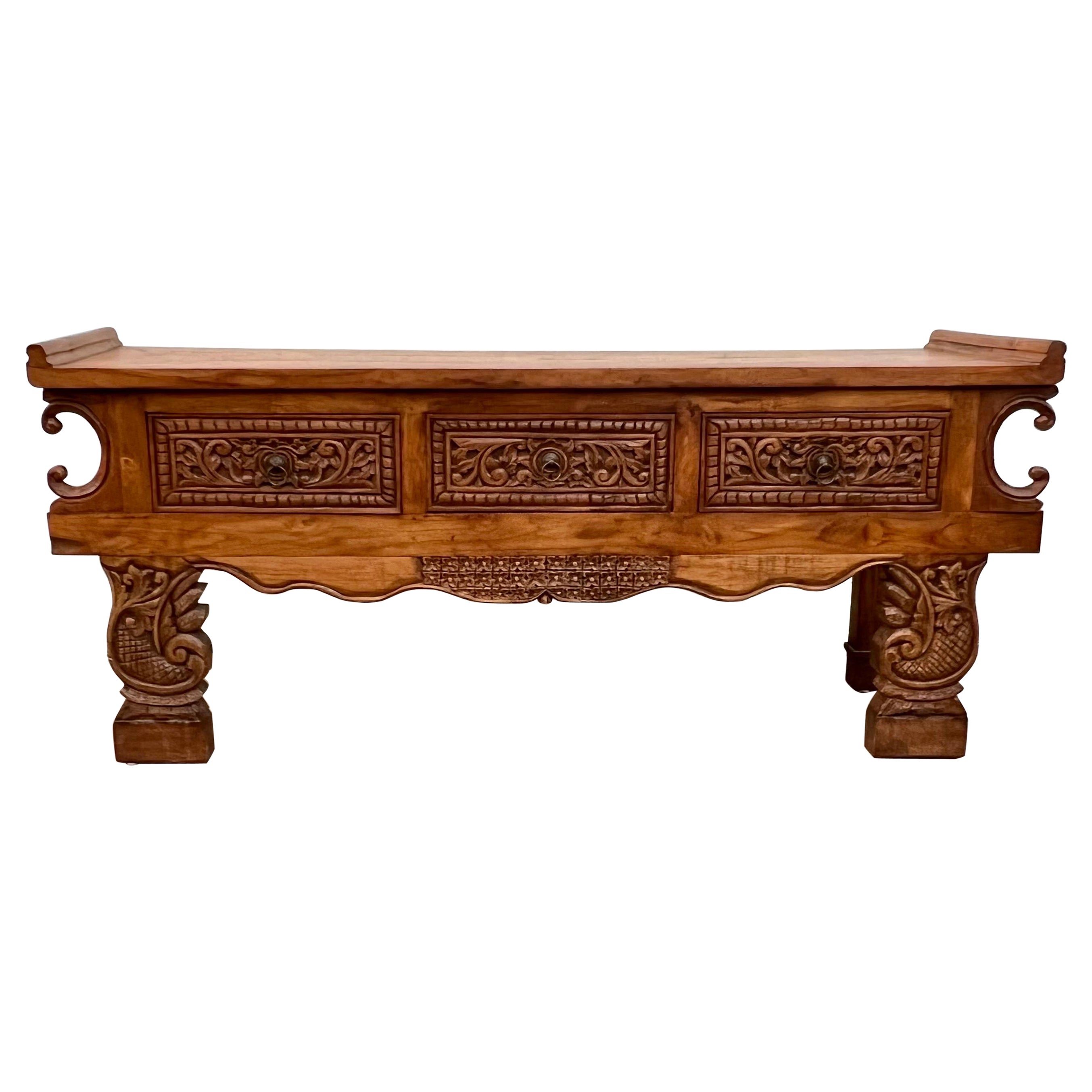 Large Hand Carved Pine Console Table Made in Indonesia For Sale