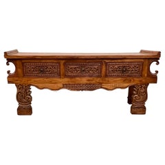 Vintage Large Hand Carved Pine Console Table Made in Indonesia