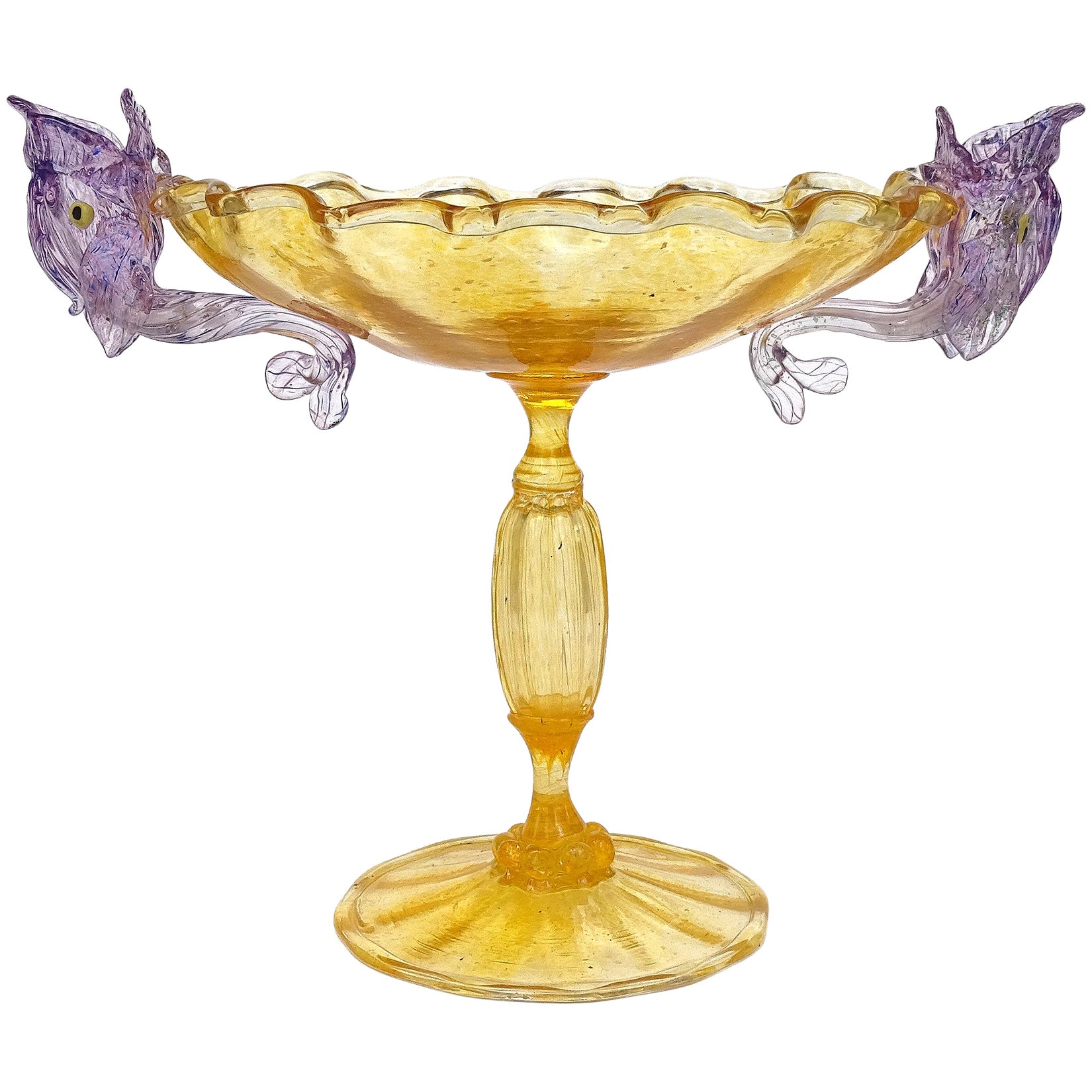 Antique Venetian Murano Orange Purple Fish Italian Art Glass Candlestick Bowl