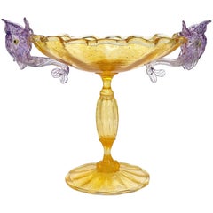 Used Venetian Murano Orange Purple Fish Italian Art Glass Candlestick Bowl