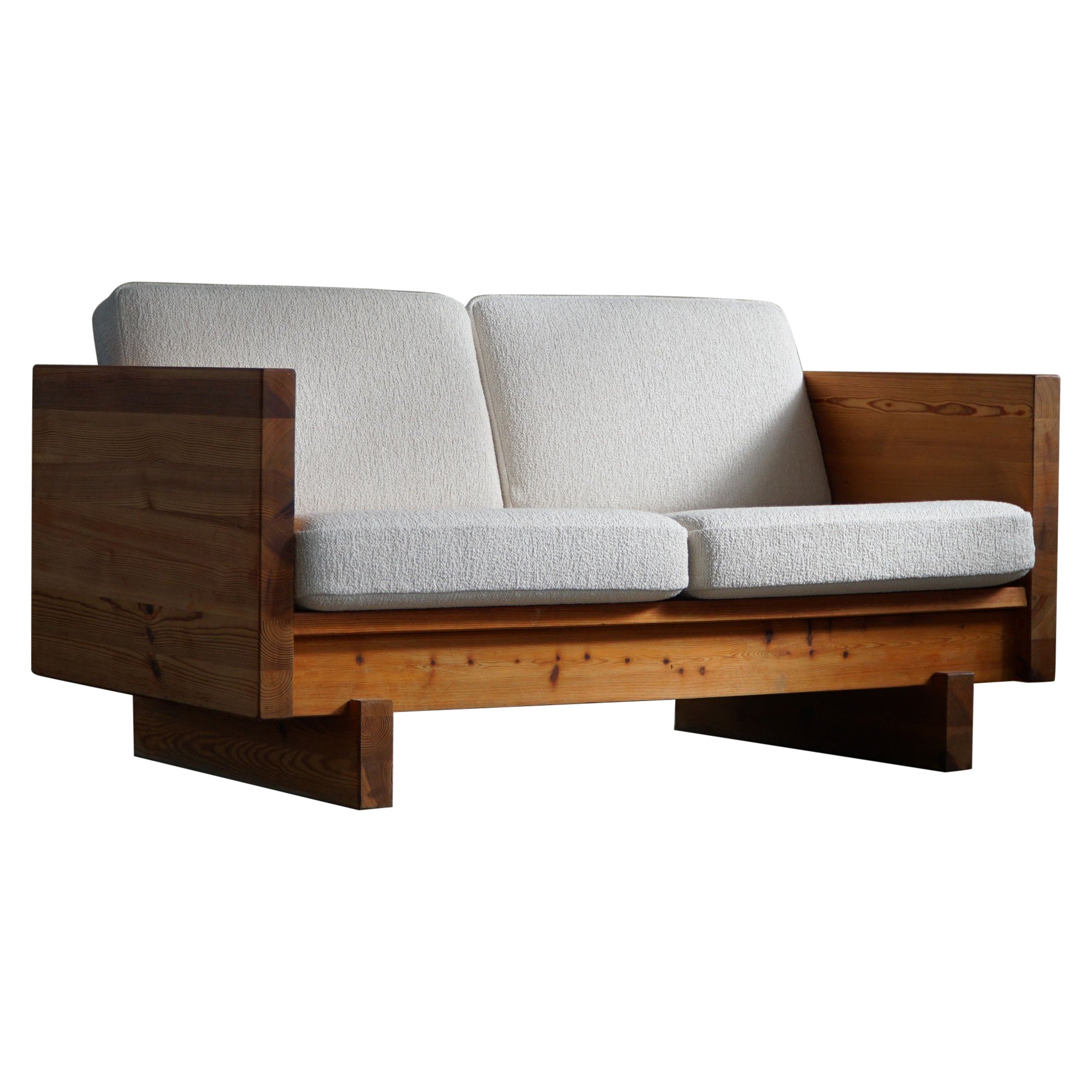 Swedish Modern, Two Seater Sofa in Solid Pine, Reupholstered in Bouclé, 1960s