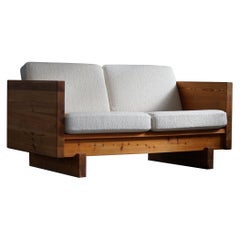 Vintage Swedish Modern, Two Seater Sofa in Solid Pine, Reupholstered in Bouclé, 1960s