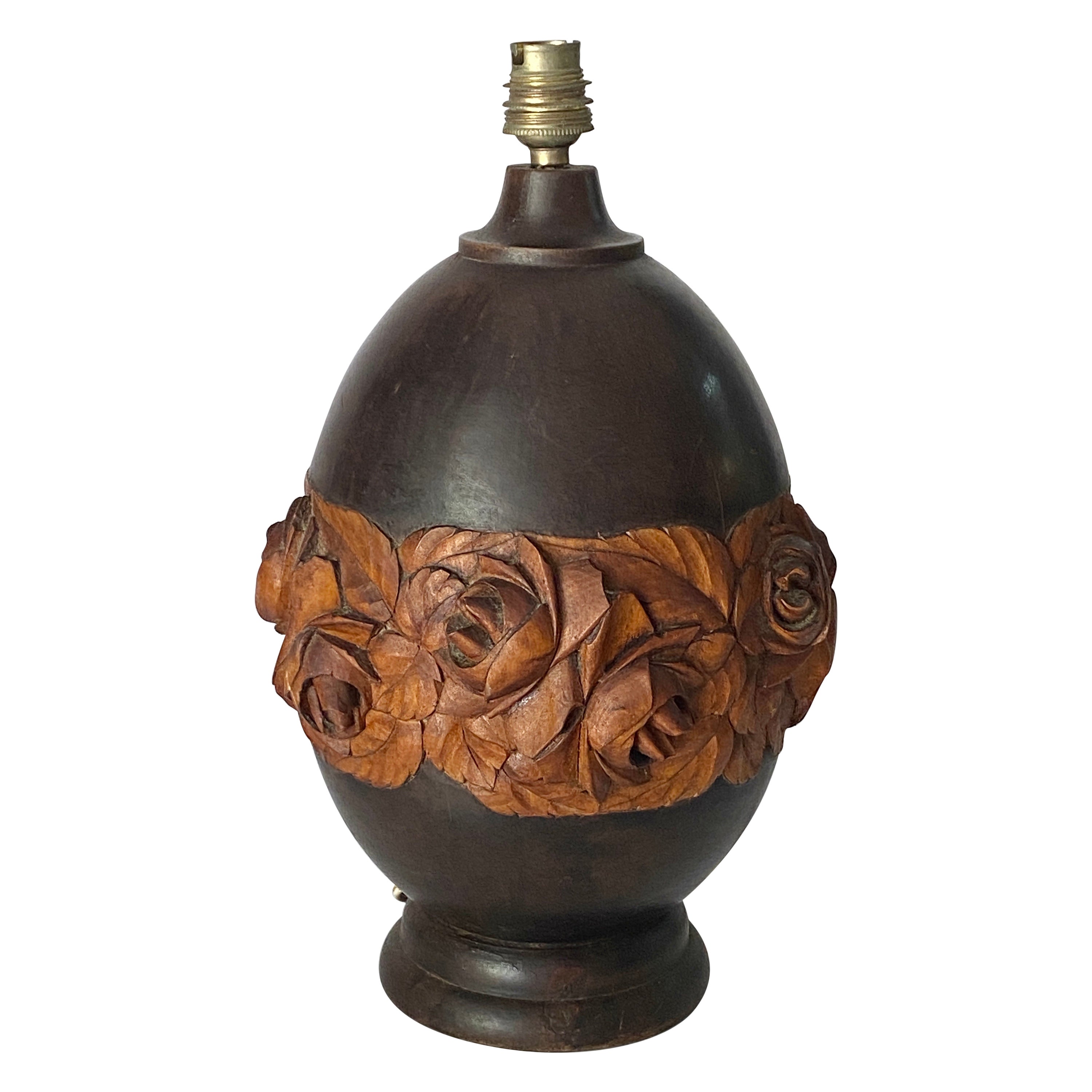 French Wood Hand Carved Table Lamp, Art Deco Period, France, circa 1940 For Sale