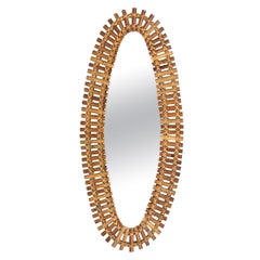 Vintage Mid-Century Bamboo and Rattan Oval Wall Mirror, Italy, 1960s