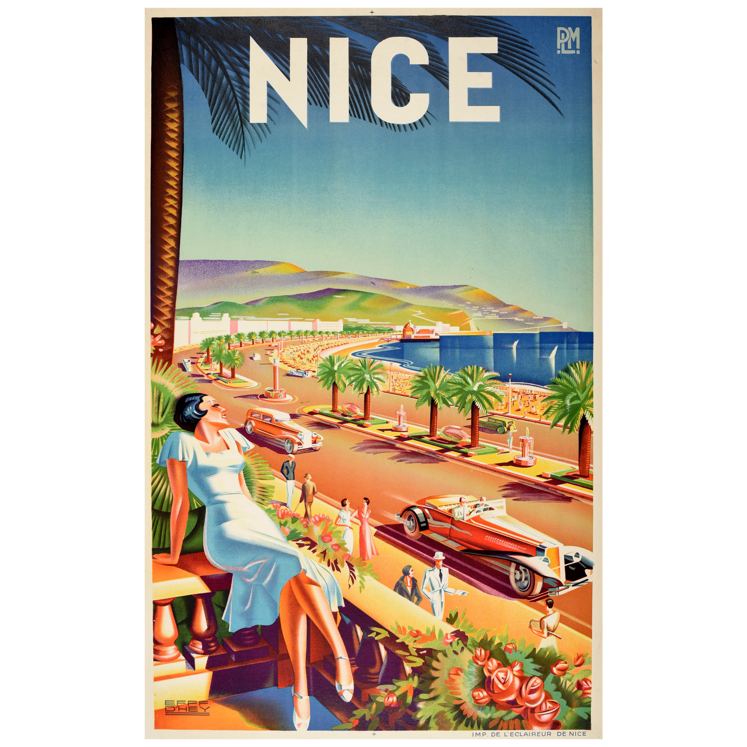 Original Vintage Art Deco Travel Poster Nice PLM Railway Paris Lyon Mediterranee