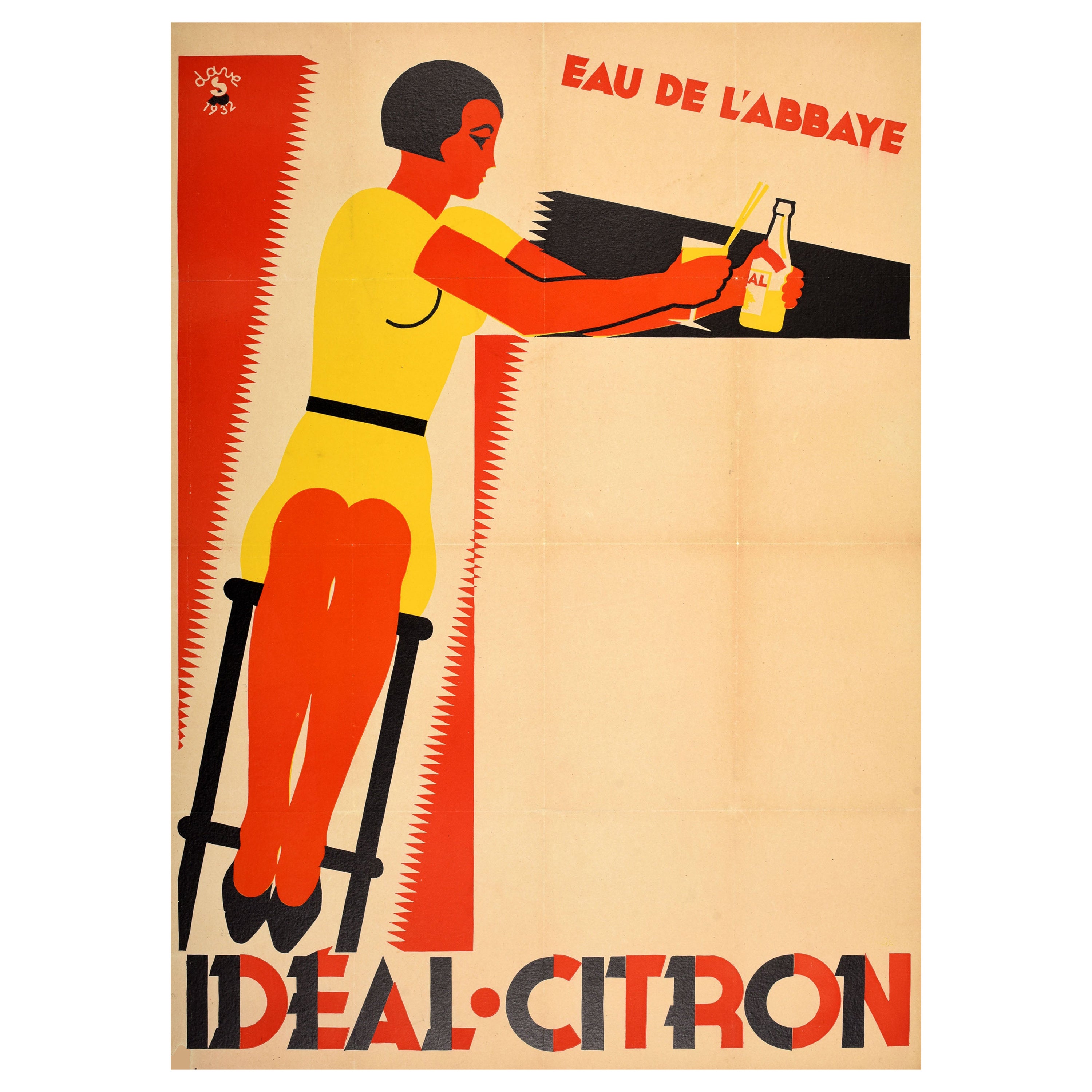 Affiche publicitaire vintage idéale pour les boissons Art déco avec eau et citron en vente