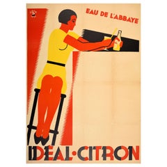 Original Vintage Drink Advertising Poster Ideal Citron Art Deco Water Lemon