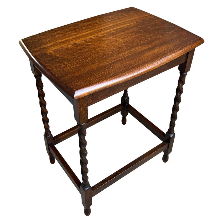 Antique English Tiger Oak Barley Twist Side Sofa Table Beveled