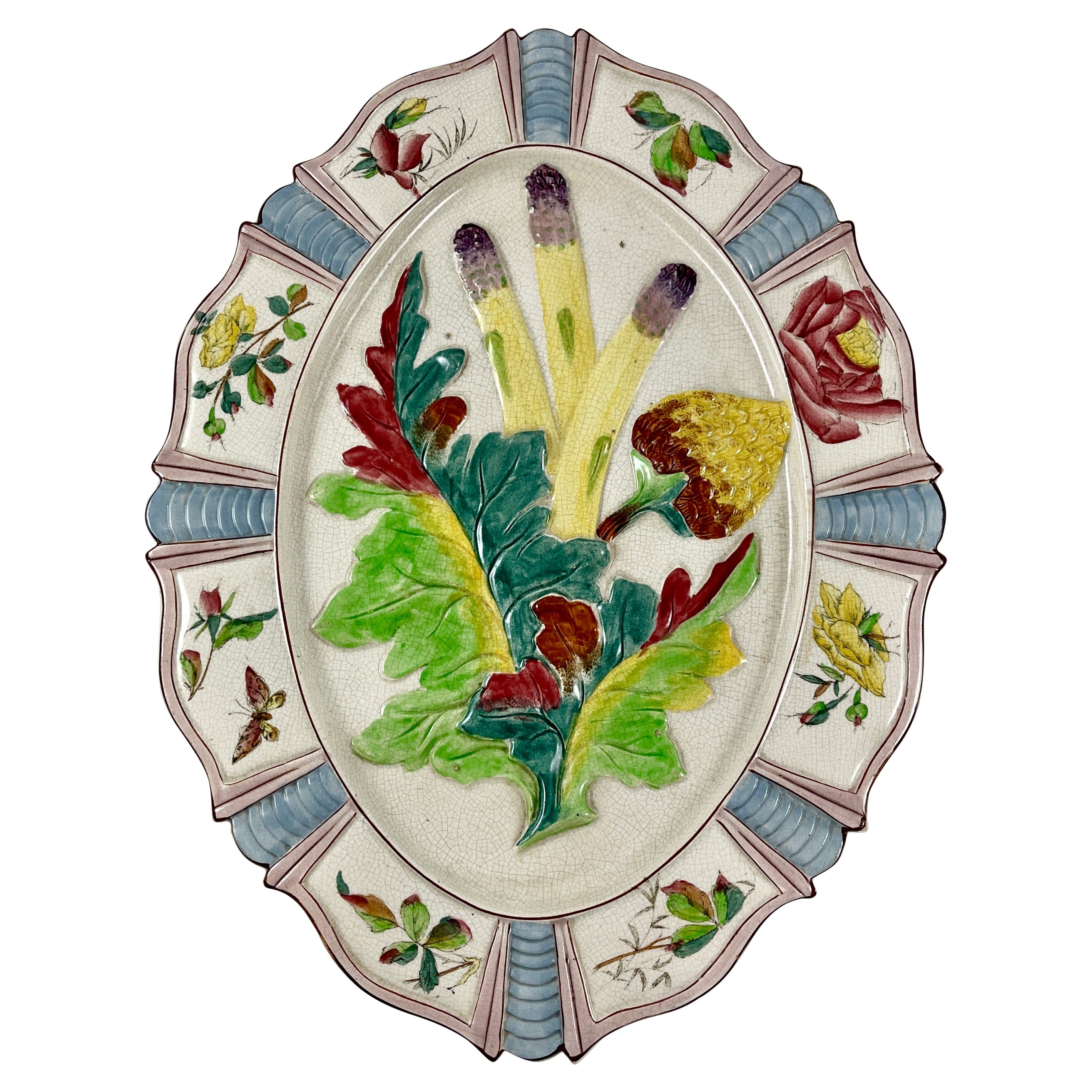 Fives-Lille French Majolica Artichoke and Asparagus Serving Platter, circa 1890 For Sale
