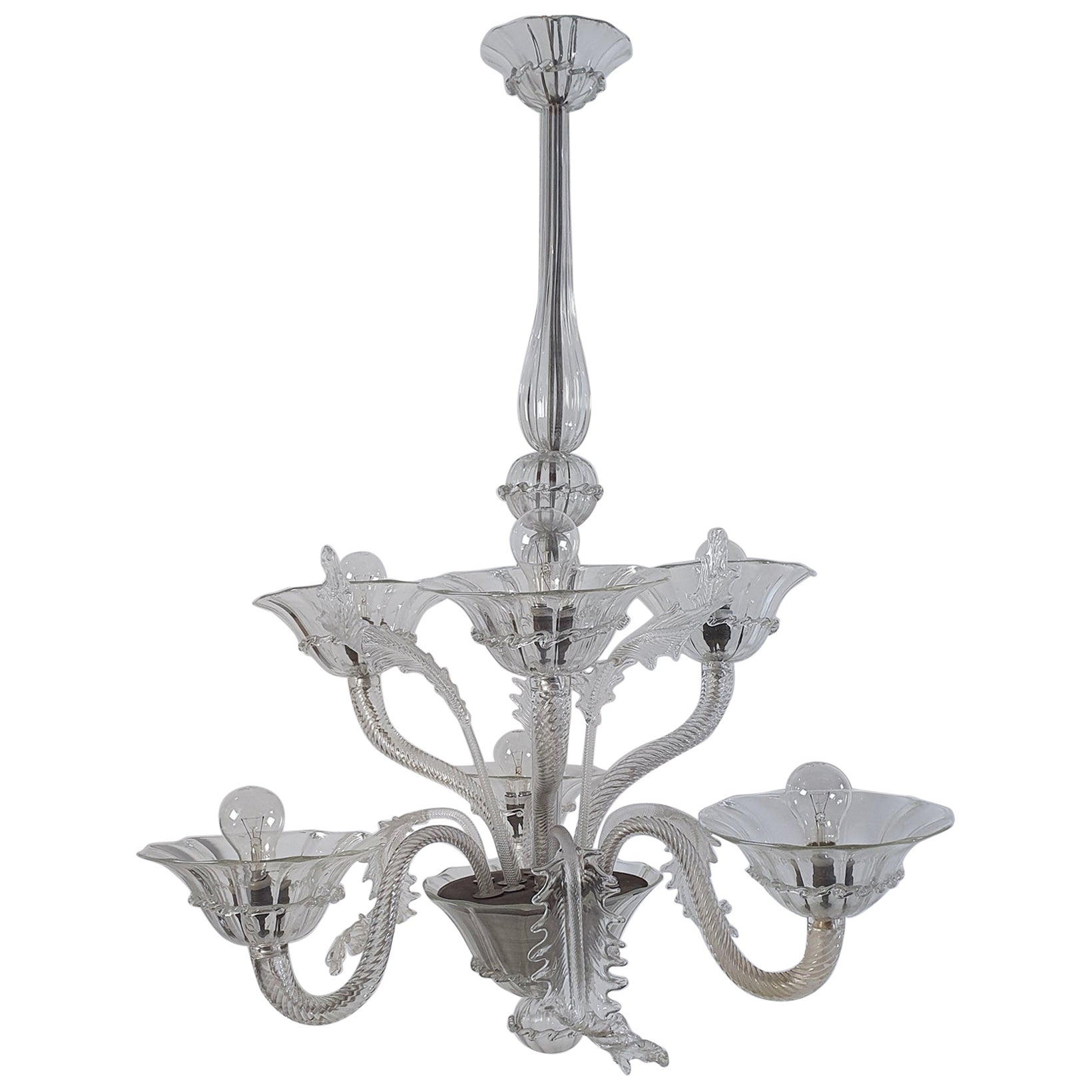 Large Murano Chandelier Clear Glass, 1940's For Sale
