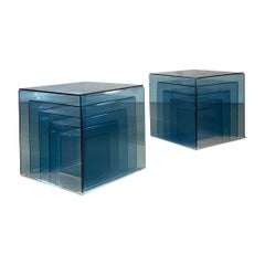 2 ensembles de tables gigognes en plexiglas bleu, France, 1970