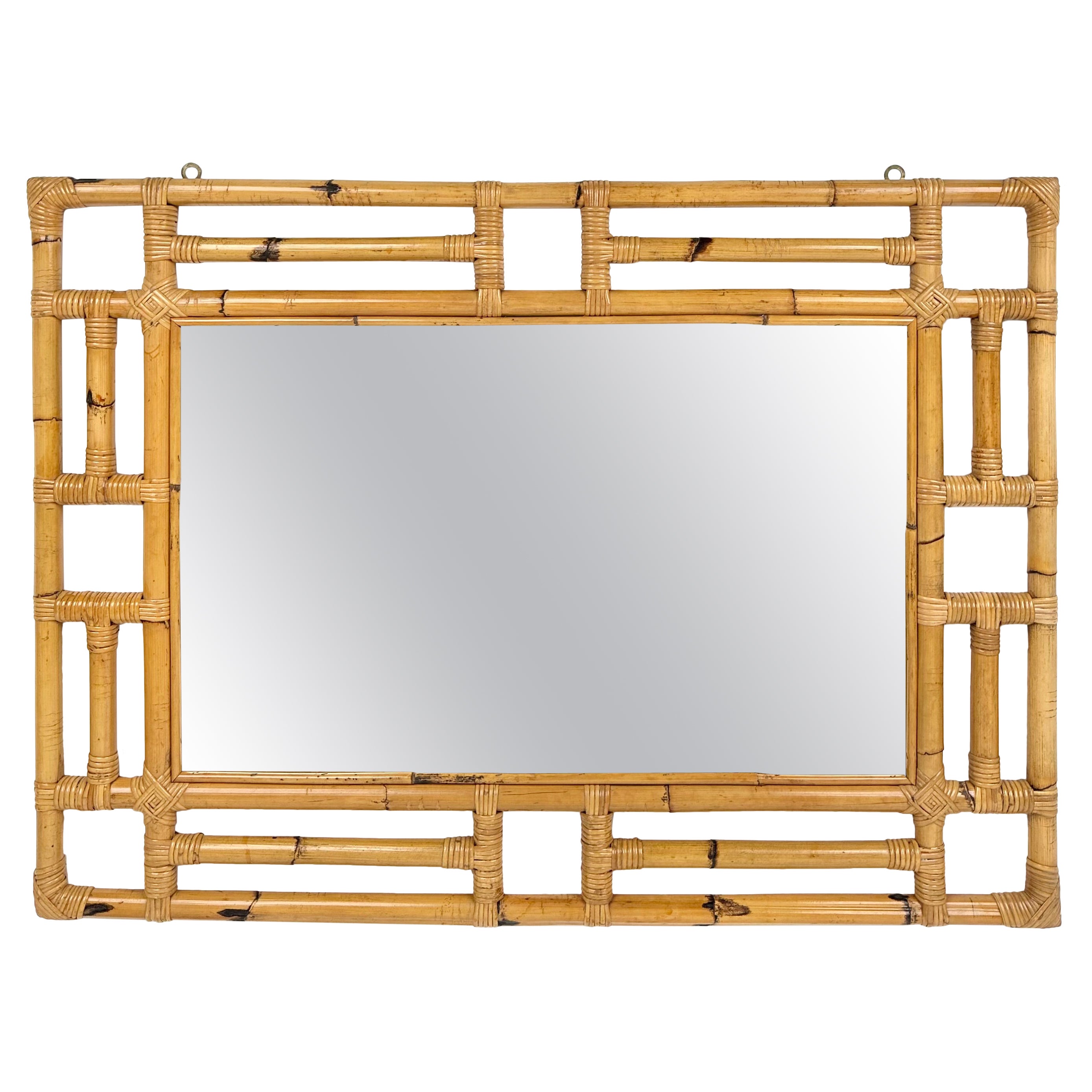 Rectangular Wall Mirror in Bamboo and Rattan Vivai del Sud Style, Italy 1970s