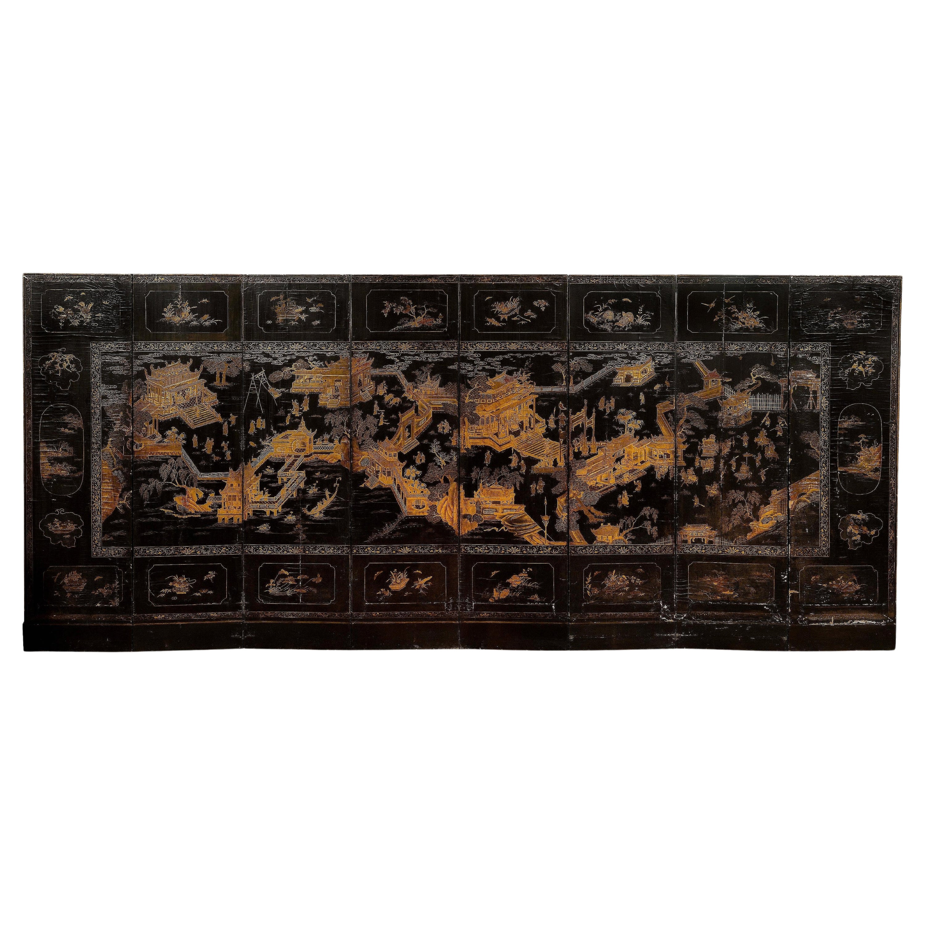 Large 8-wing-screen in Coromandel Lacquer, China, Quing, Late 18th/Early 19th For Sale