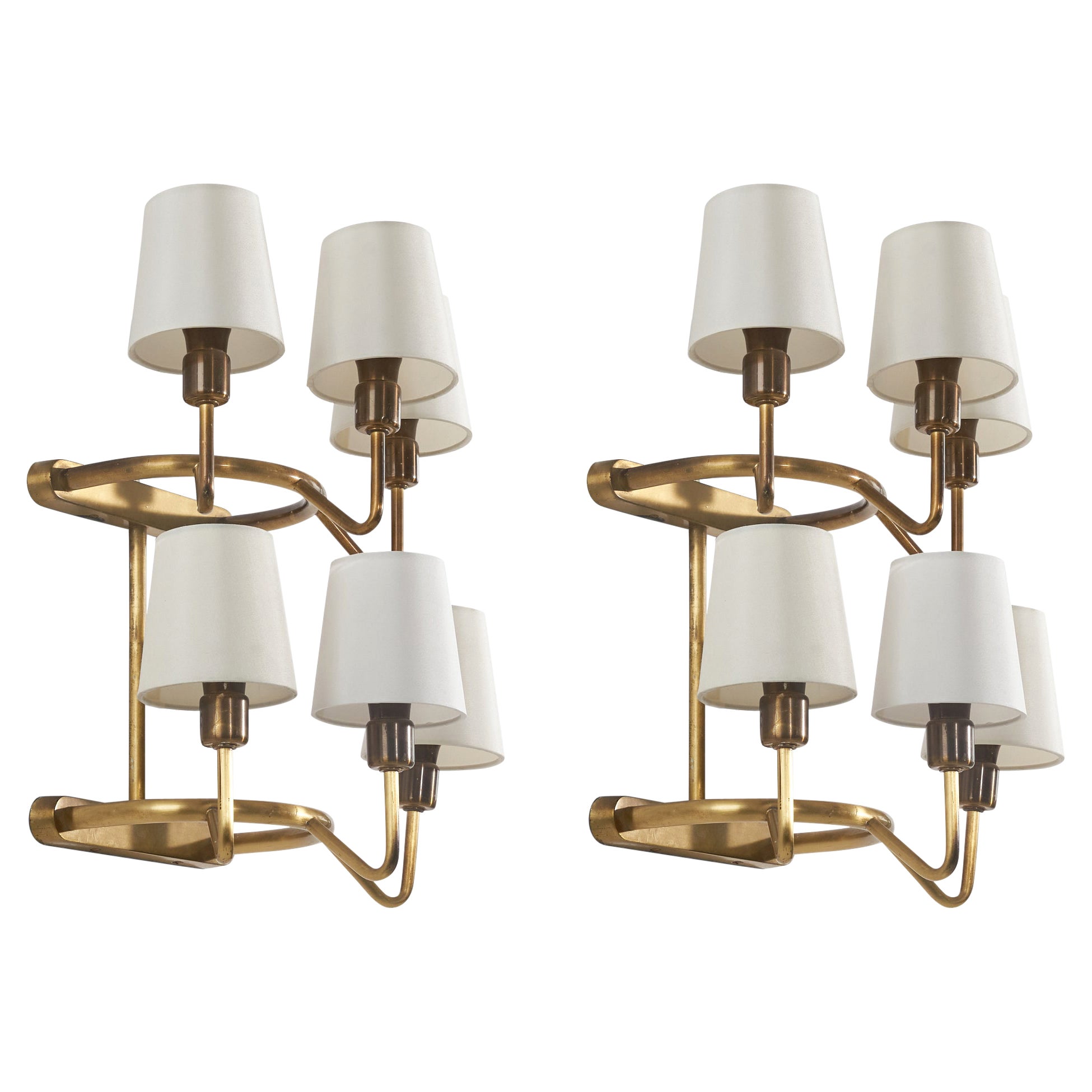 Danish Designer, 6-light Sconces, Brass, Fabric, Denmark, 1940s