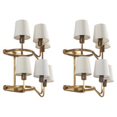 Vintage Danish Designer, 6-light Sconces, Brass, Fabric, Denmark, 1940s