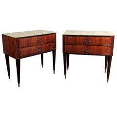 Retro Pair of Italian Midcentury Art Deco Nightstands Bedside Tables Veneer Walnut