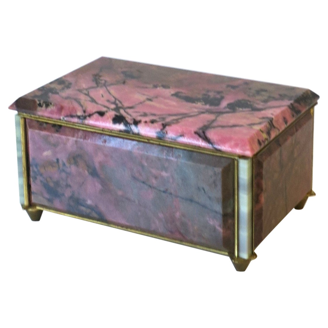 Pink Black Rhodonite Quartz and Bronze Jewelry Box For Sale