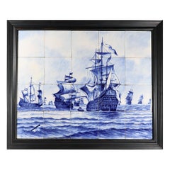 Framed Dutch Delft Tile Large Picture of A Fleet of Ships