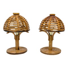 Mid-Century Bamboo and Rattan Pair of Table Lamps Louis Sognot Style Italy 1960s