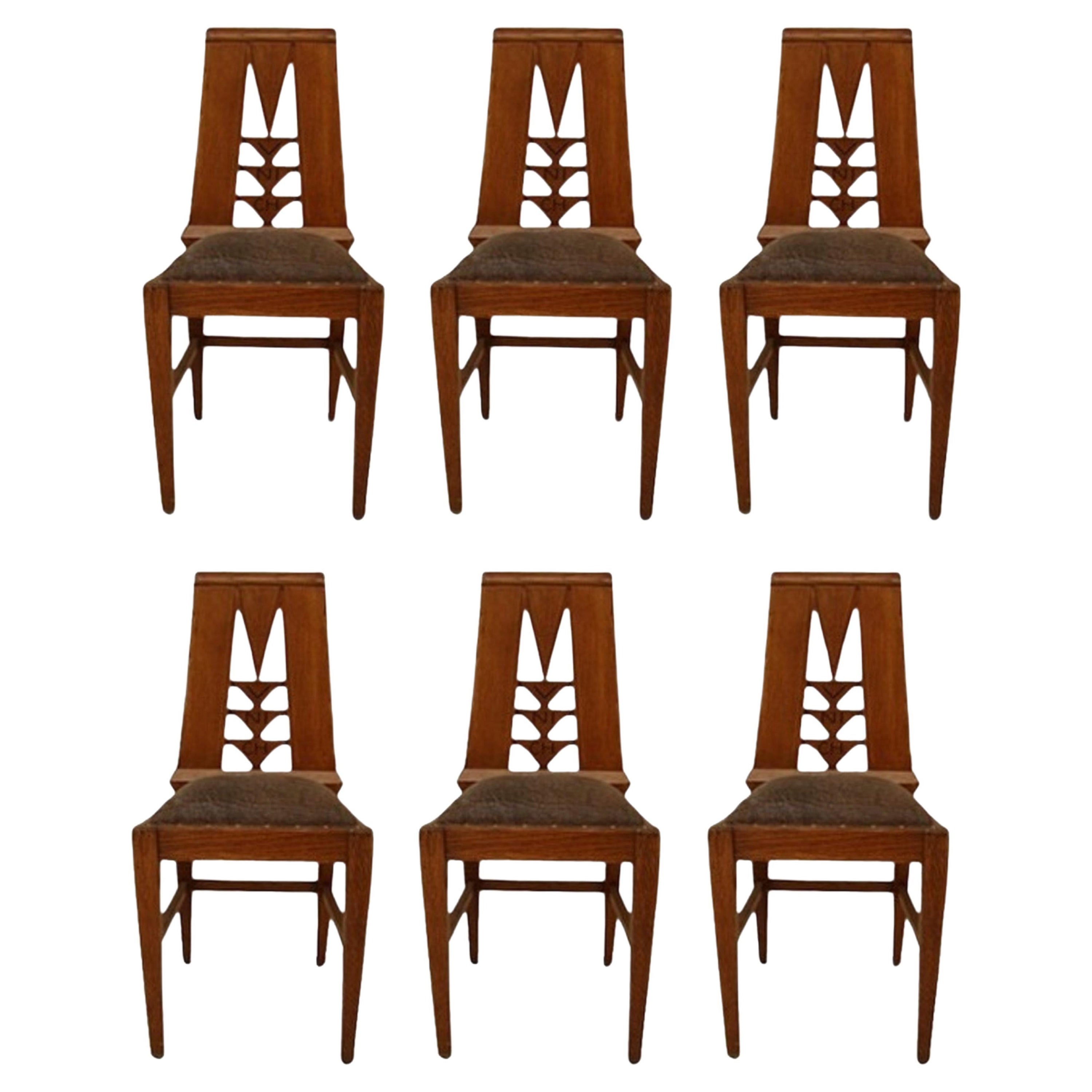 Brewery Munich Set 6 Chairs in Wood and Leather Jugendstil, Art Nouveau