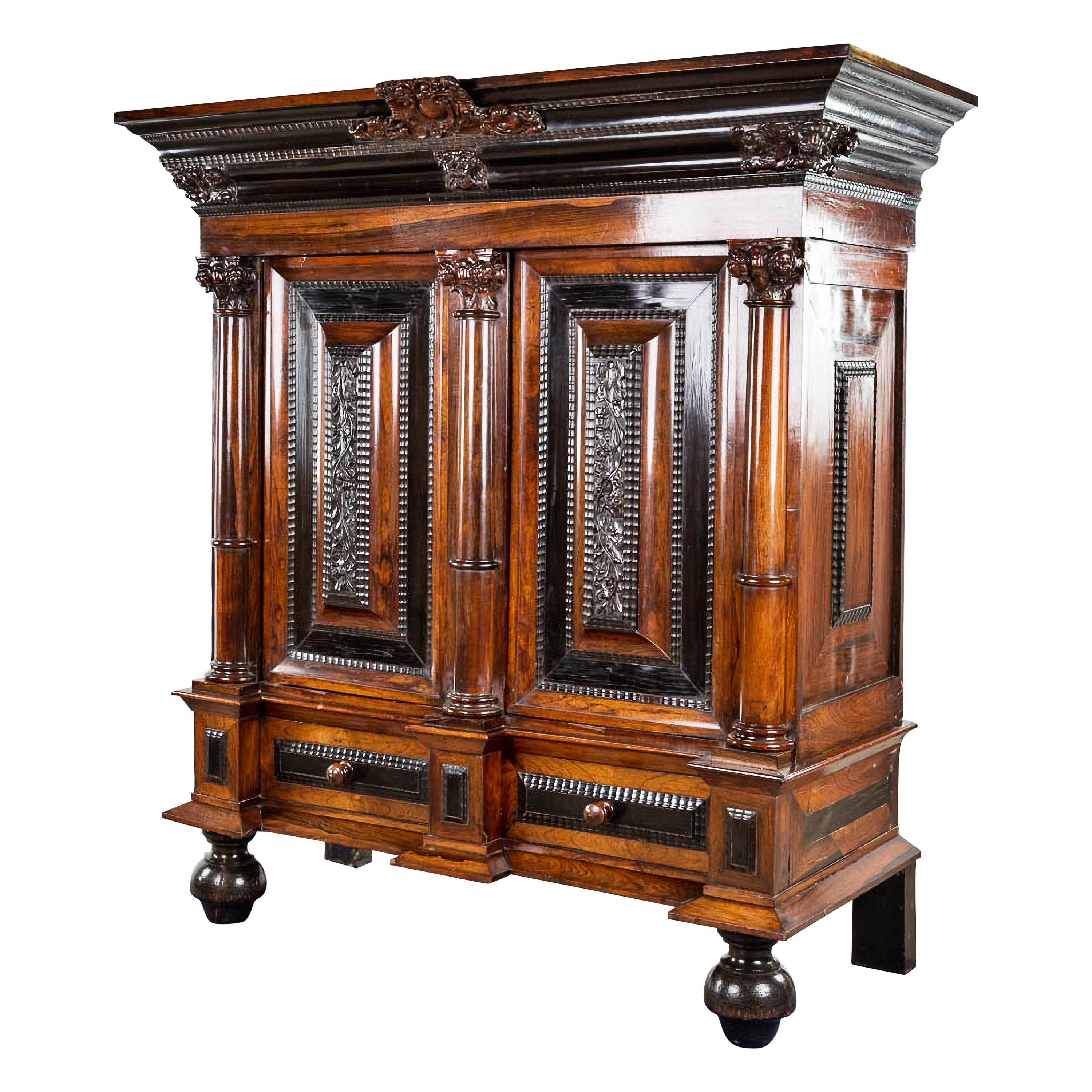 Antique 17th Century Oak Dutch Baroque Cushion with Ebony and