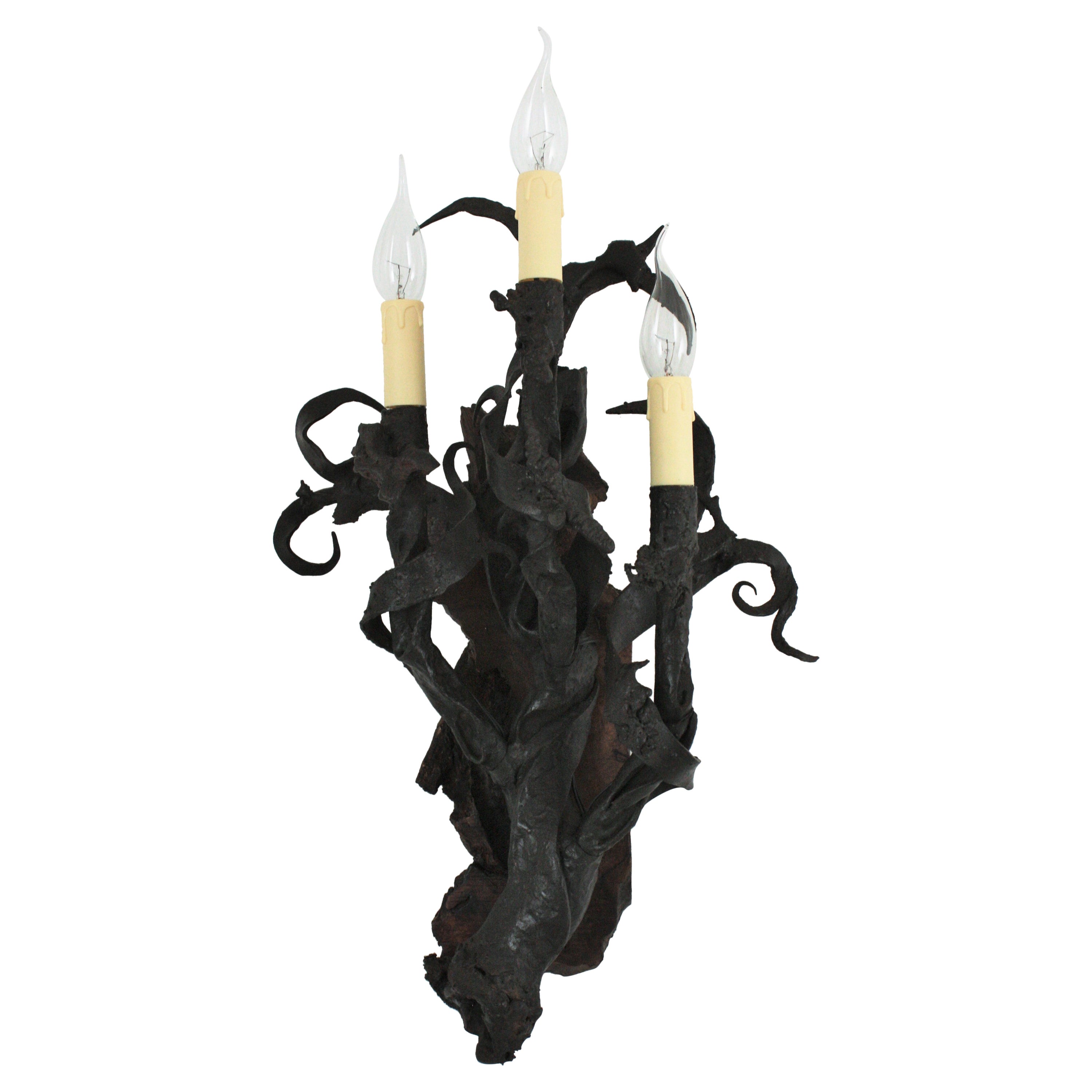 Spanish Hand Forged Iron and Wood Medieval Inspired Torch Wall Sconce For Sale