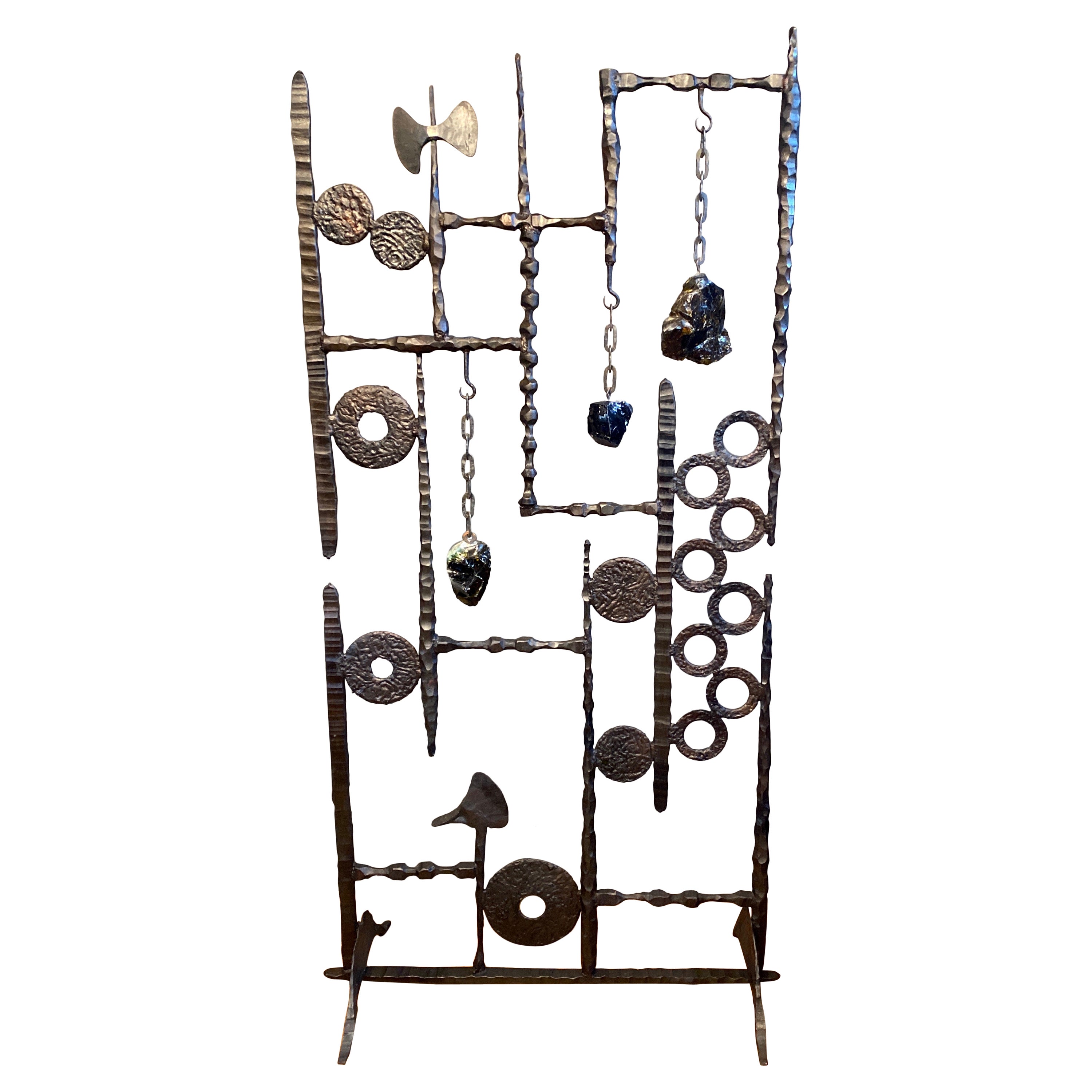 A Large Brutalist Iron and Desert Glass Sculpture Screen Paul Evans Style For Sale
