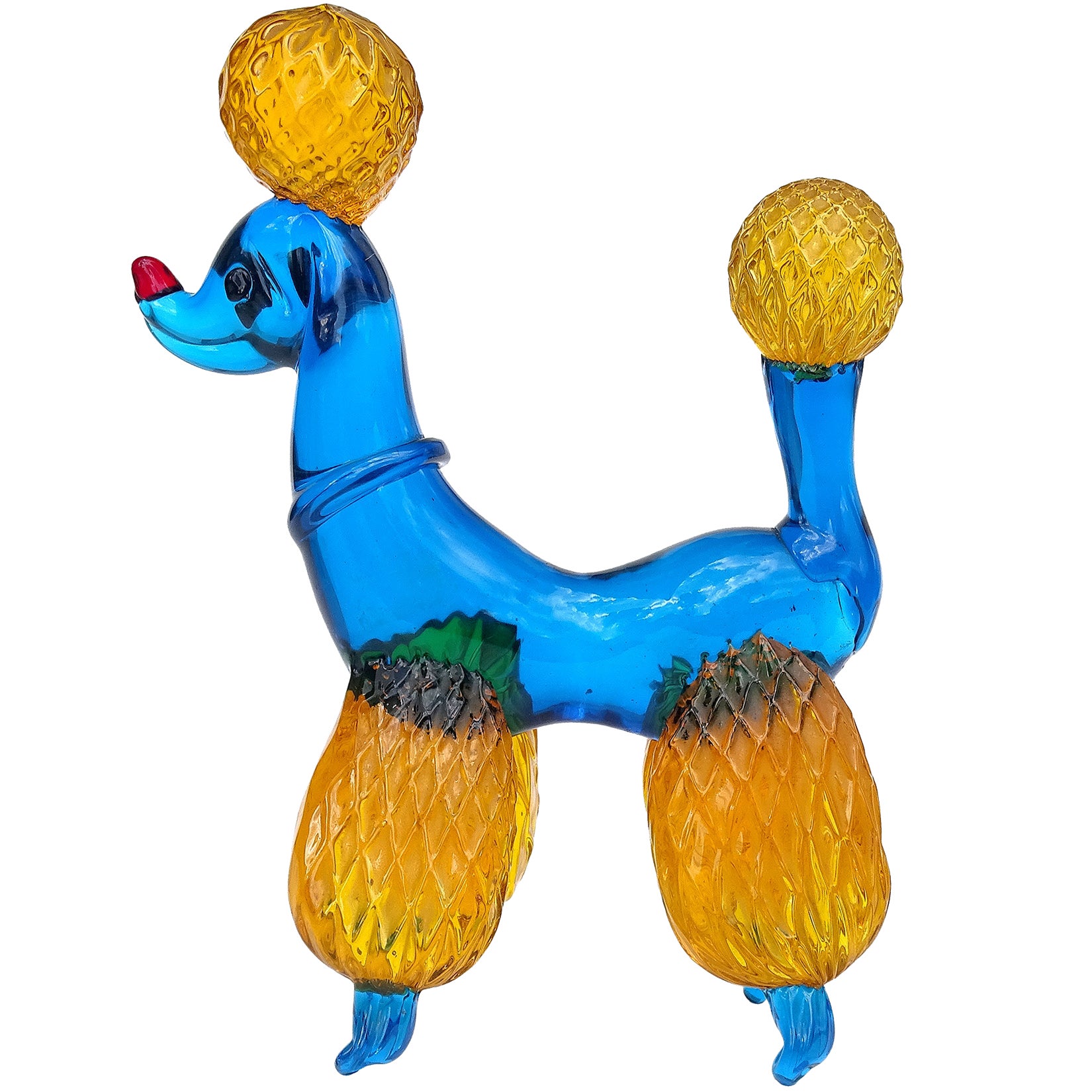 Murano Cobalt Blue Quilt Orange Fur Italian Art Glass Puppy Dog Poodle Sculpture