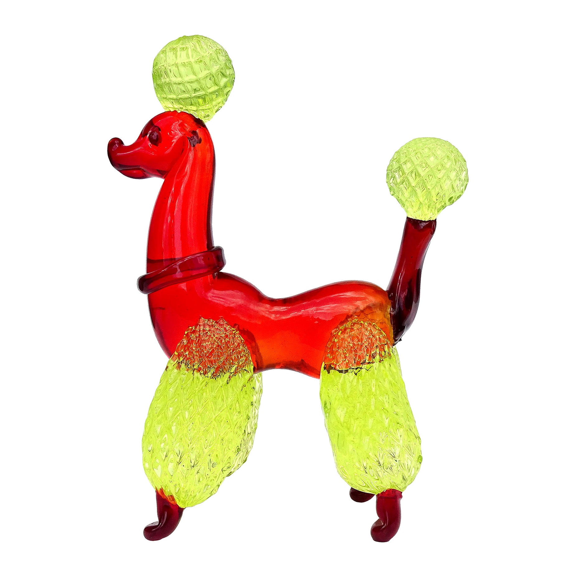 Murano Red Quilted Uranium Fur Italian Art Glass Puppy Dog Poodle Sculpture