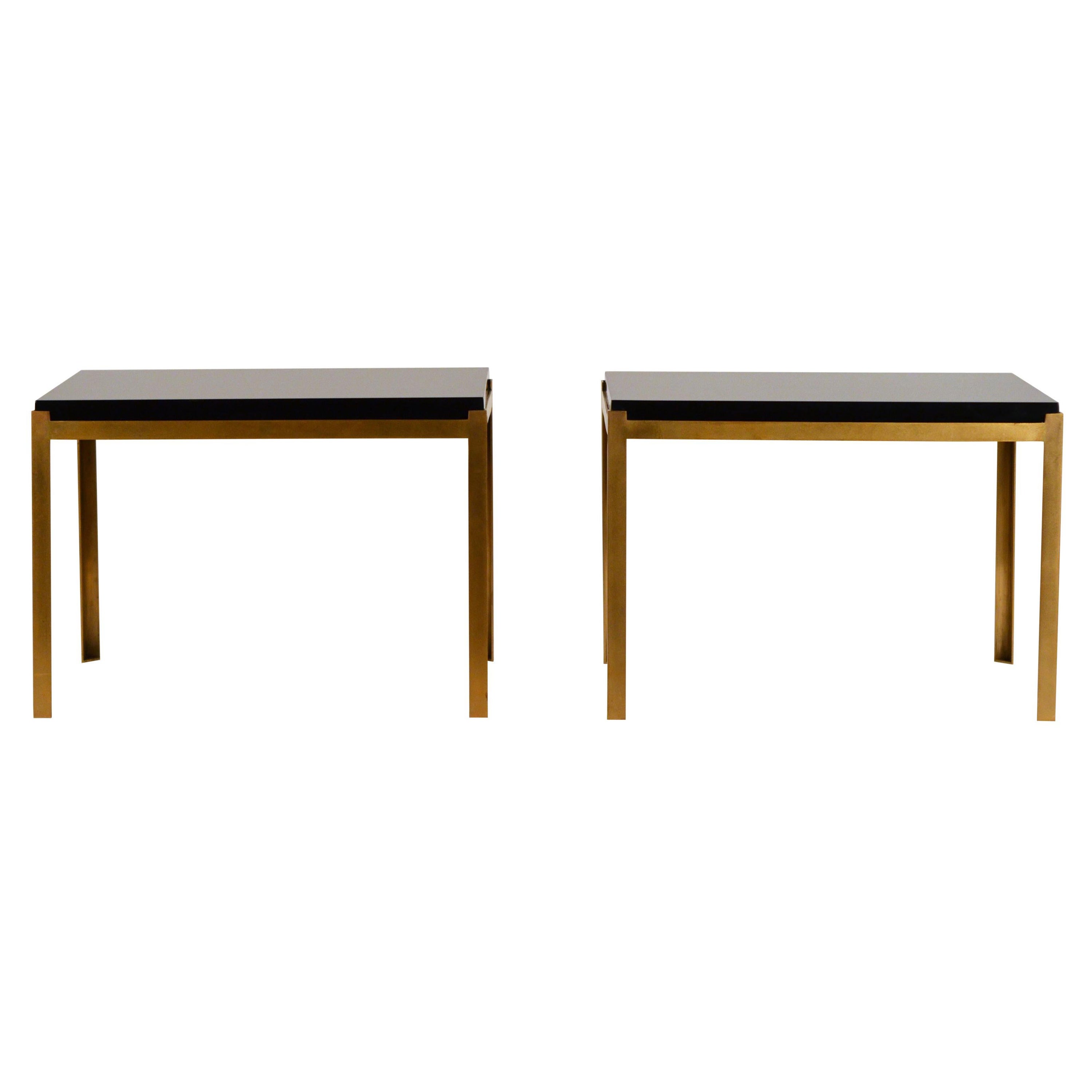 Pair of Chic 'Caisson' Solid Brass and Black Lacquer End Tables by Design Frères