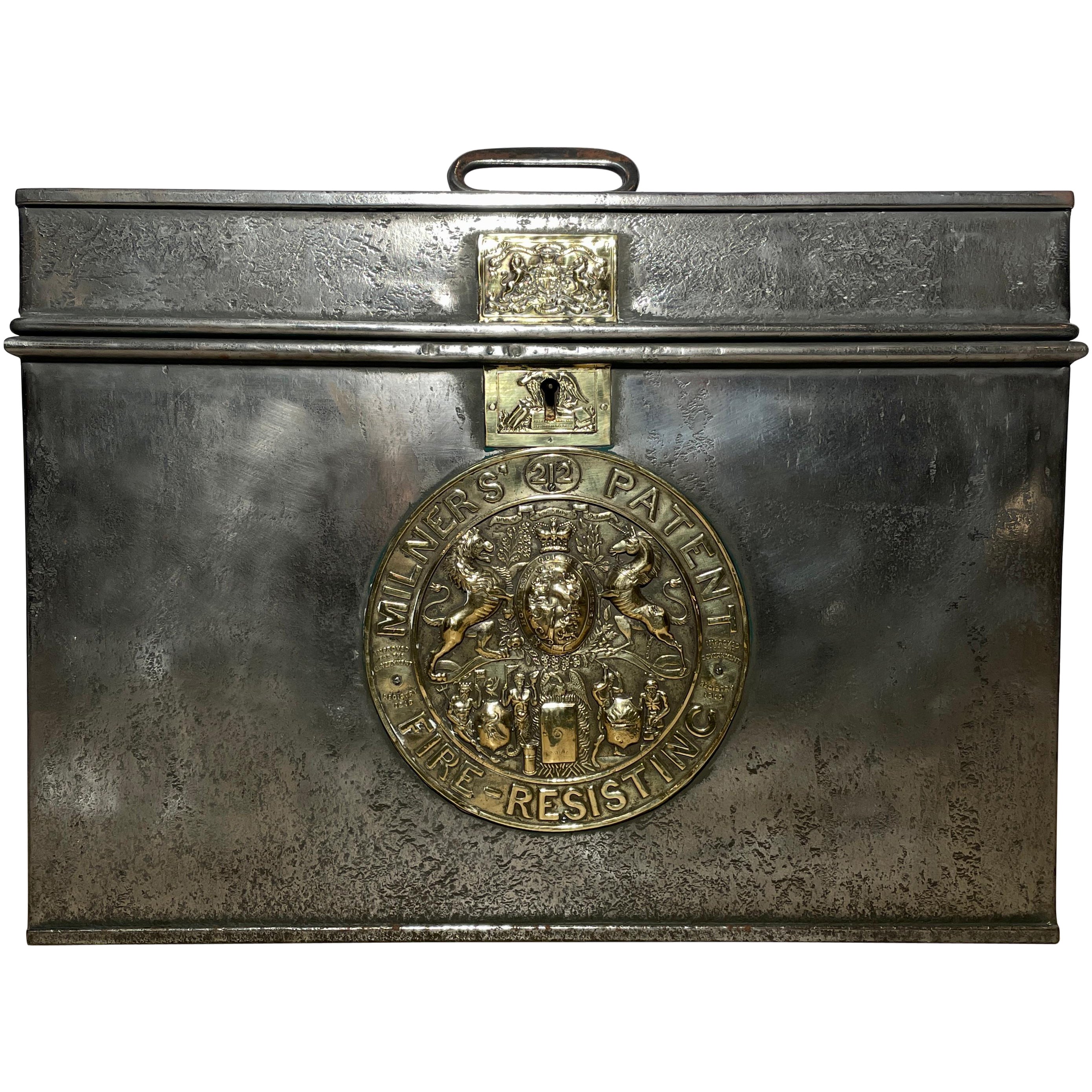 Antique English Early Victorian Heavy Steel & Brass Lock Box, Circa 1840. For Sale
