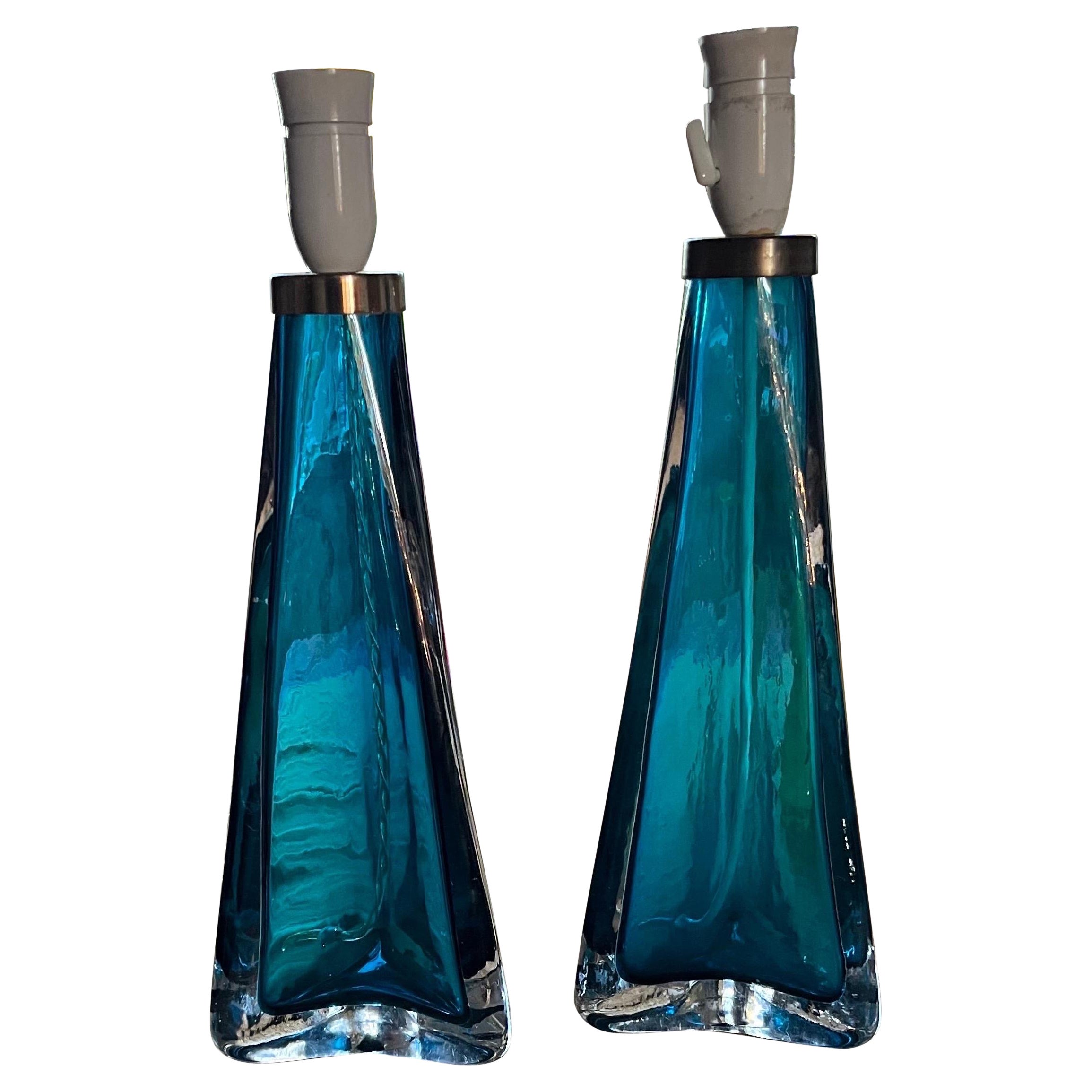 Pair of Caribbean ocean Turquoise blue Triangular Orrefors Lamps, Sweden 1960 For Sale