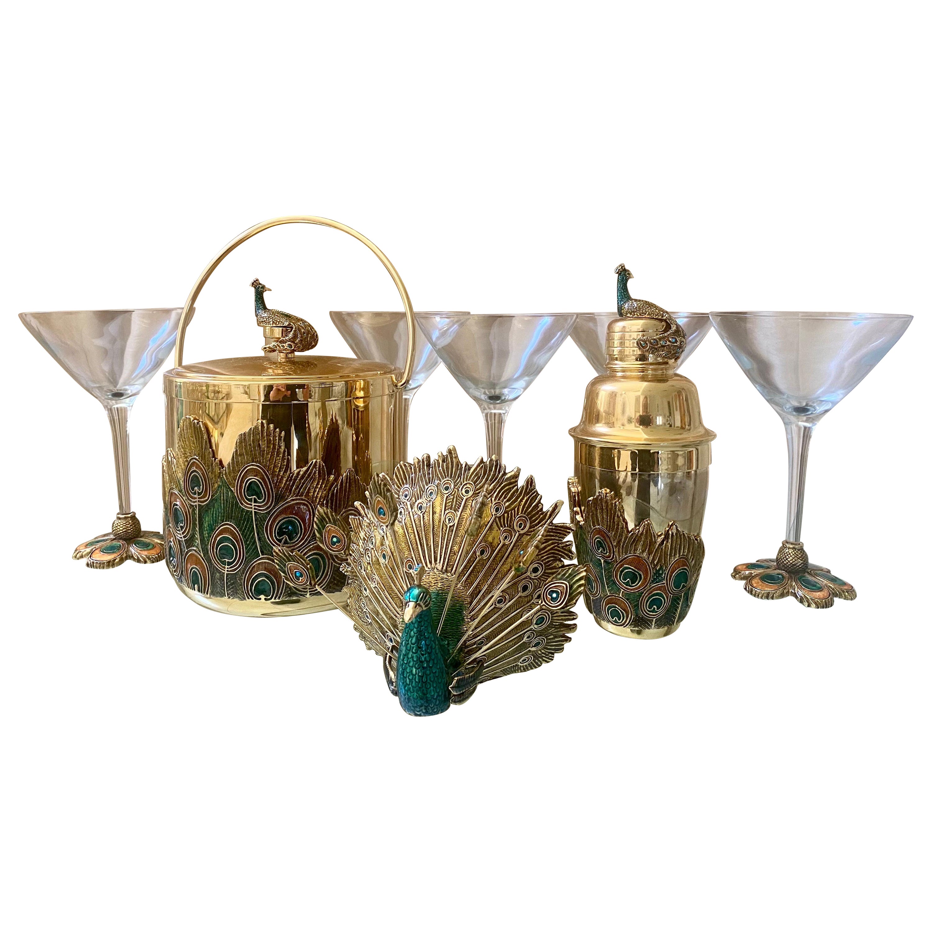 Brass & Enamel India Cocktail Shaker Kit Vintage 5 martini glasses Peacock