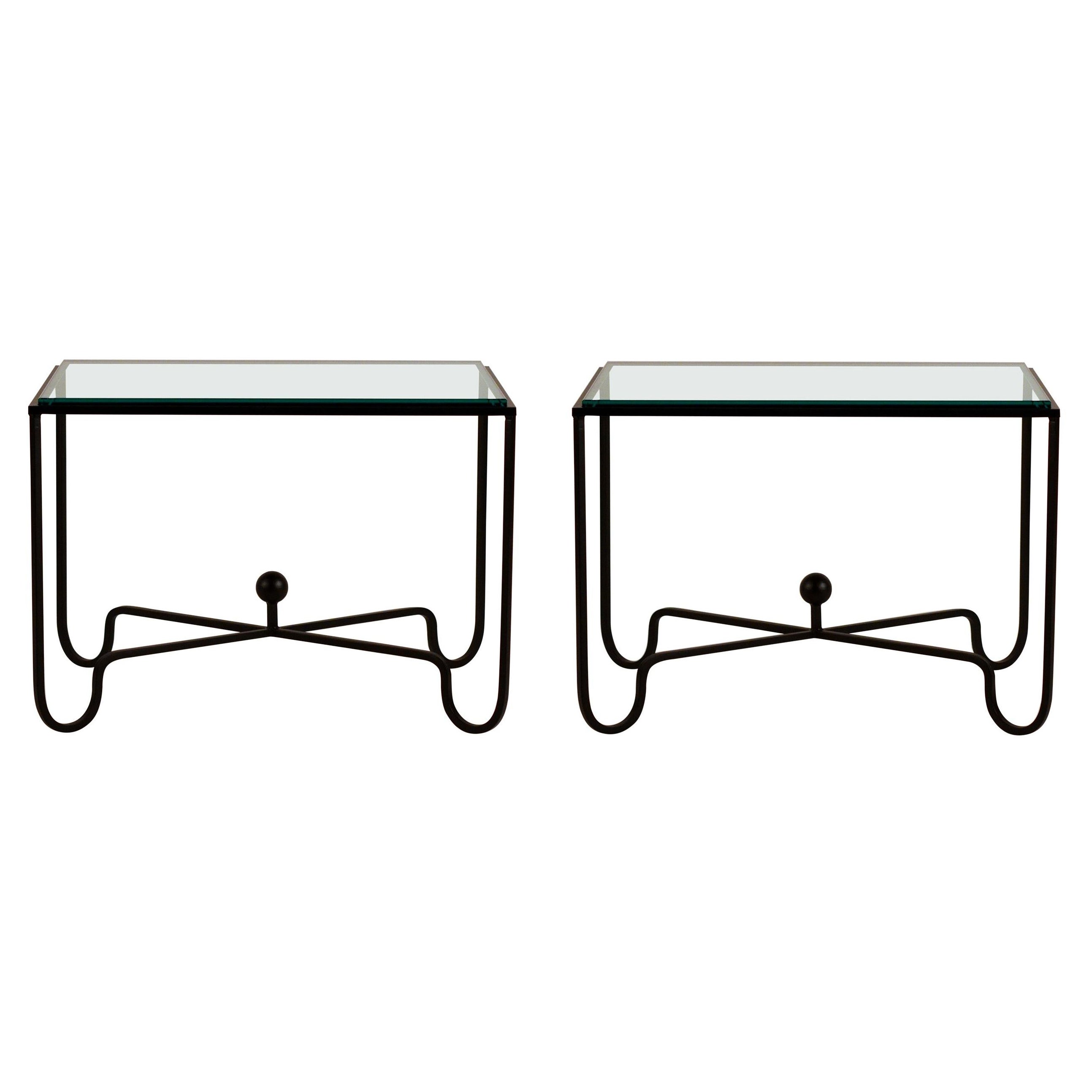 Pair of 'Entretoise' Matte Black and Thick Glass End Tables by Design Frères For Sale