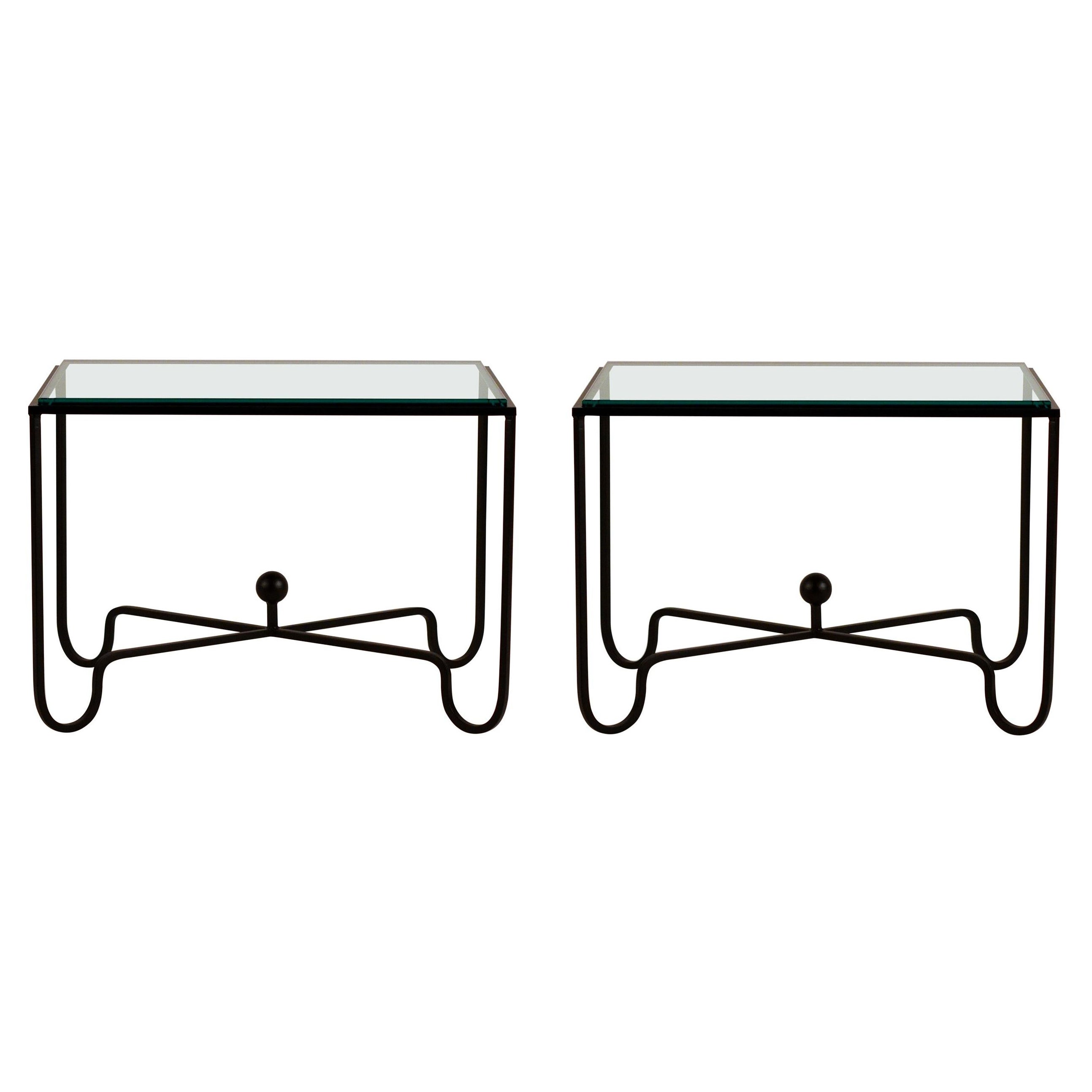 Pair of 'Entretoise' Matte Black and Thick Glass End Tables by Design Frères