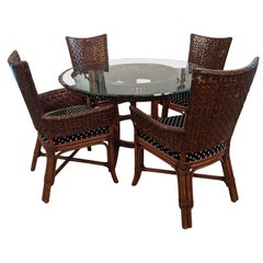 Rich Set of McGuire Round Bamboo Rattan Glass Dining Table & 4 Chairs