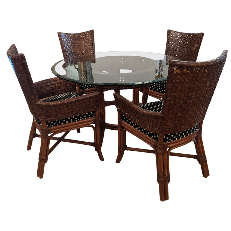 Rich Set of McGuire Round Bamboo Rattan Glass Dining Table and 4 Chairs