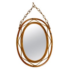 Beautiful Large 1960s Italian Oval Bamboo Wall Mirror with Loop Design