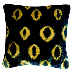 Hand-Dyed Velvet Throw Pillow in Yellow Gold & Indigo Blue Ikat Pattern