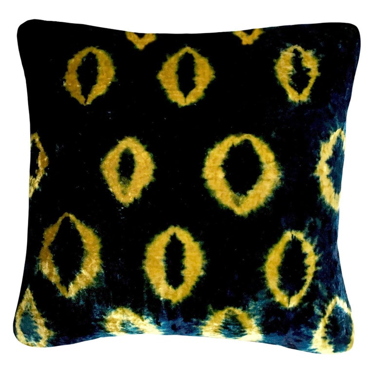 HandDyed Velvet Throw Pillow in Yellow Gold and Indigo Blue Ikat