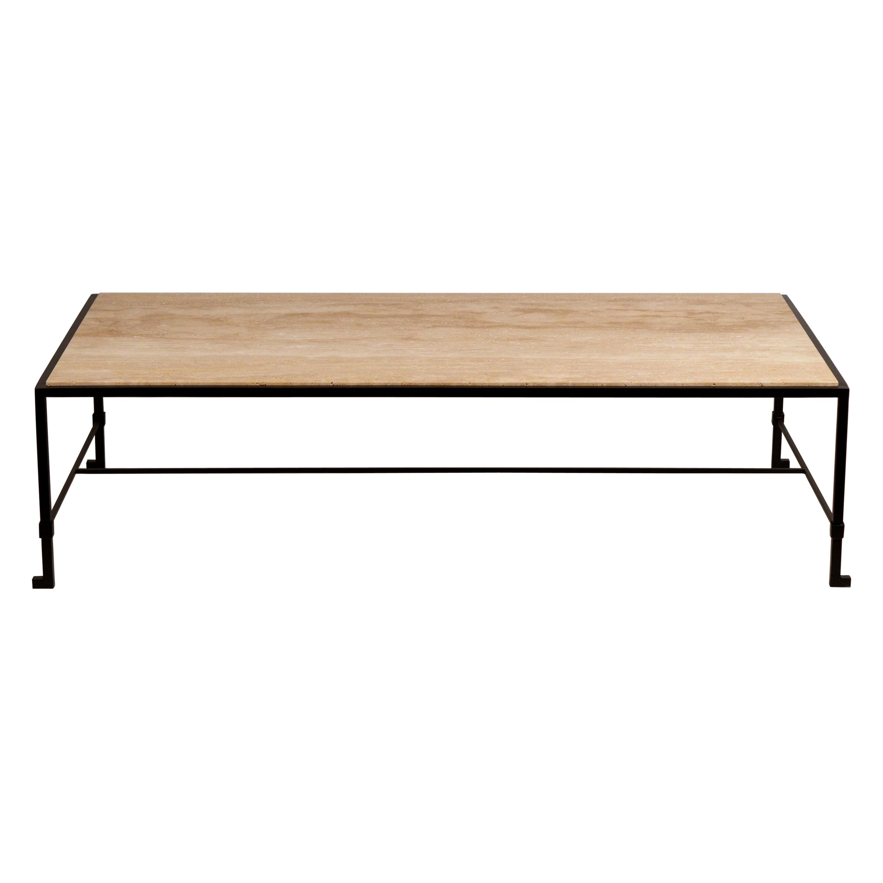 Long 'Diagramme' Wrought Iron and Travertine Coffee Table by Design Frères For Sale