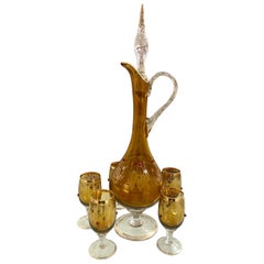 Gold Etched Venetian Glass Decanter Set with Enamel Accents